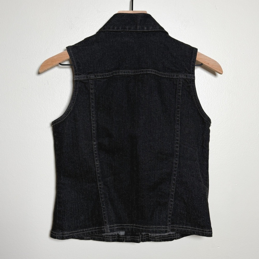 Chicos Platinum Black Denim Vest Dark Wash Button Front Collared Size 0 Small - Picture 4 of 6